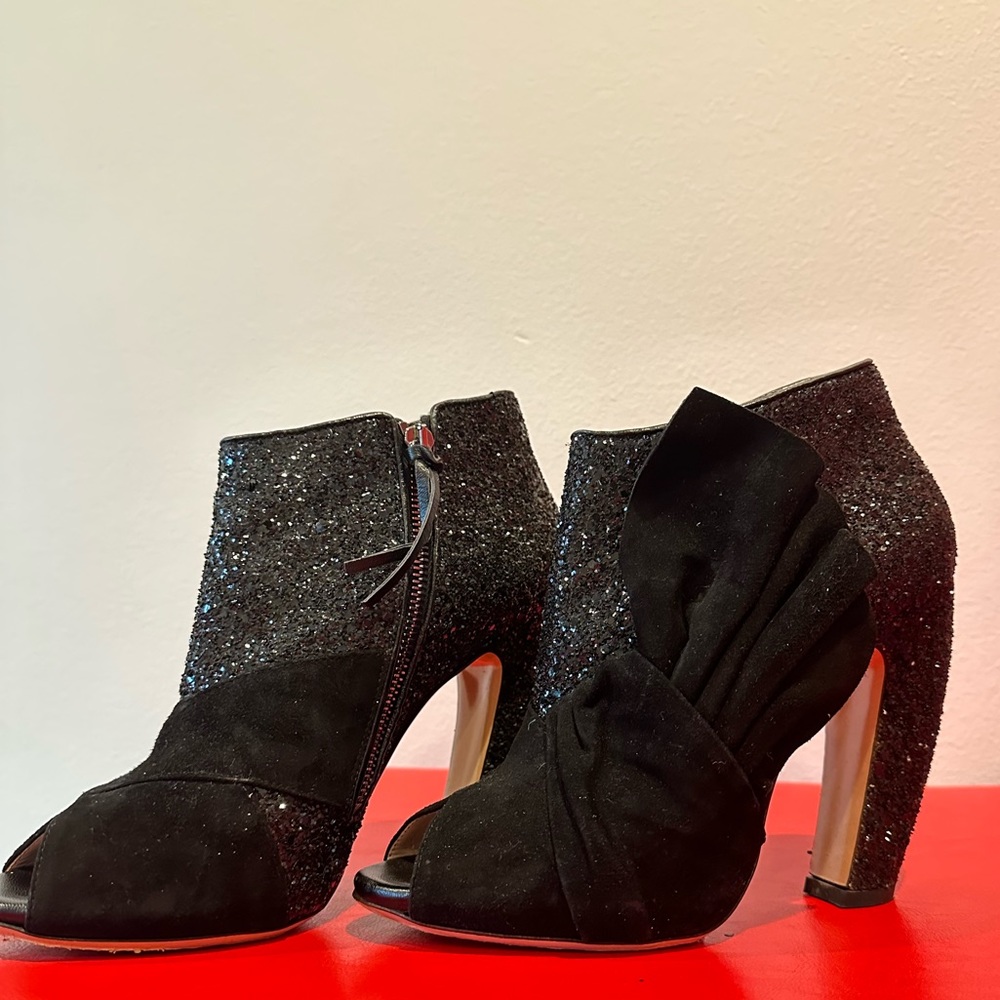 Miu Miu glitter booties peep toe with suede bow